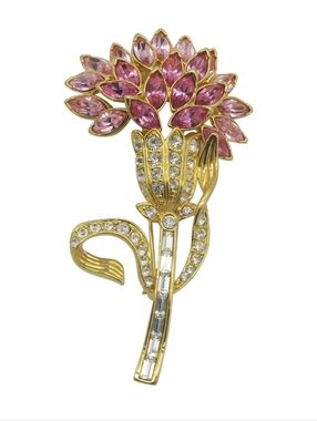 Nolan Miller Gold-Tone Pink Crystal Rhinestone Dianthus Floral Brooch